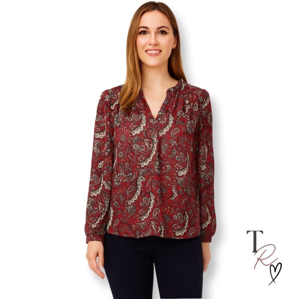 LOFT Red Paisley Print Long Sleeve  Split Neck Fall Career Blouse Size XL